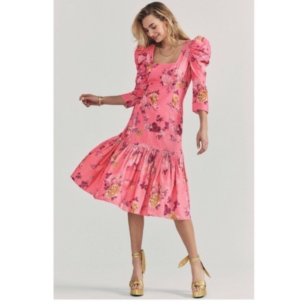 LoveShackFancy Ellington Midi Dress Pink Floral Corduroy Square Neck Puff Sleeve